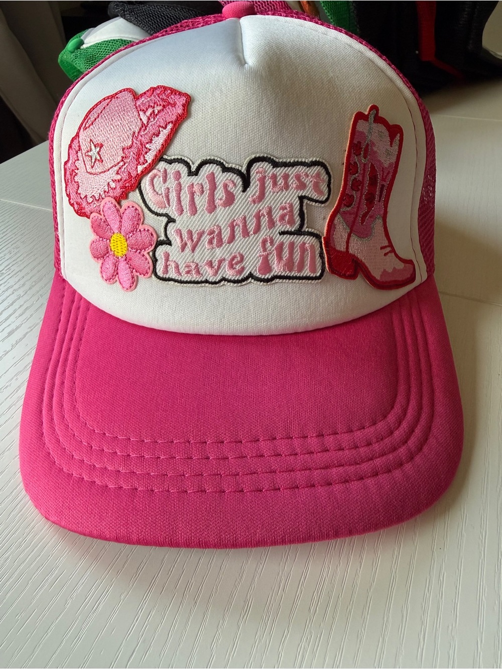 Girls Just Wanna Have Fun Pink Trucker Hat Patch Mesh Back OS